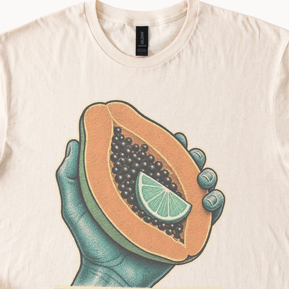 Eat the Good Stuff Teal Hand Holding Papaya Retro Tee